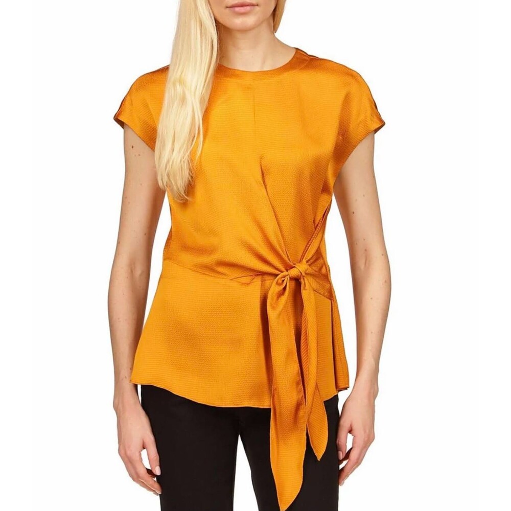 Michael Kors Crew Neck Tie Waist Wrap Short Sleeve Blouse Gold Size XXL